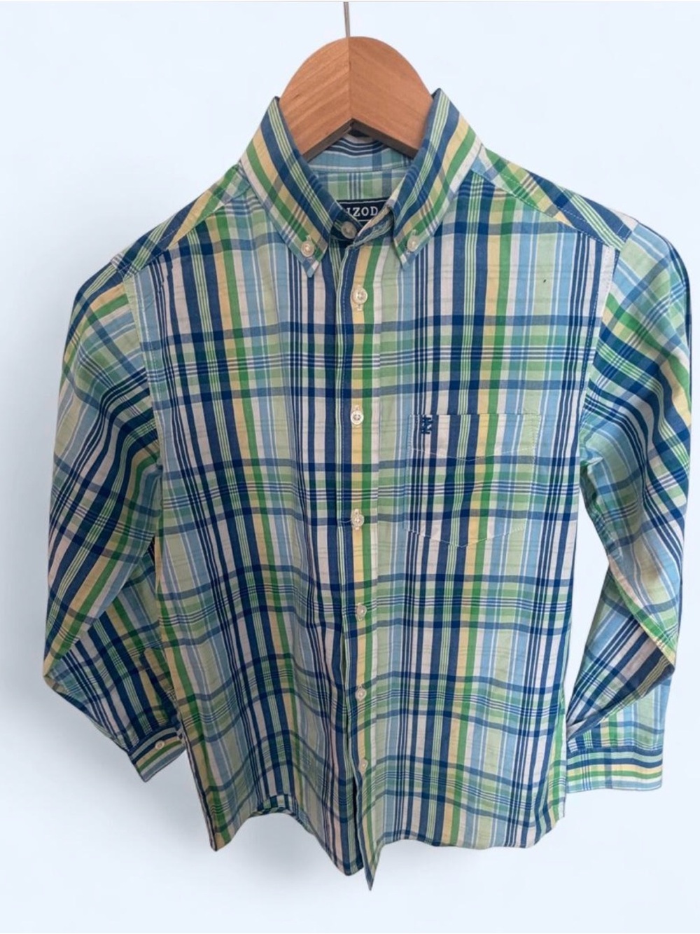 Izod Boy’s Blue, Green & White Plaid Button-Down Shirt